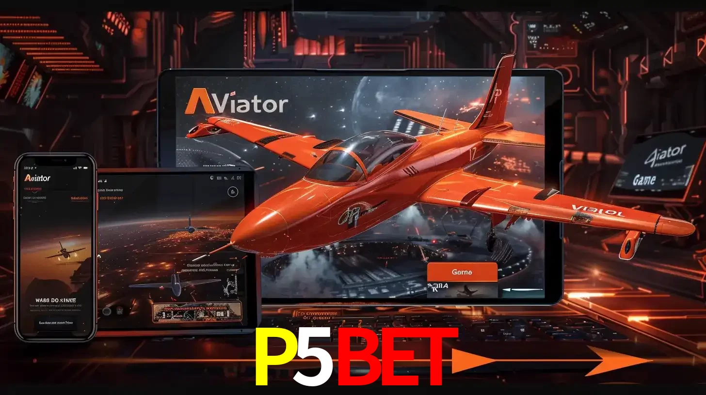 Apresentação tecnológica do jogo Aviator com um avião saindo da tela de um tablet, demonstrando a experiência imersiva em múltiplos dispositivos no P5BET.