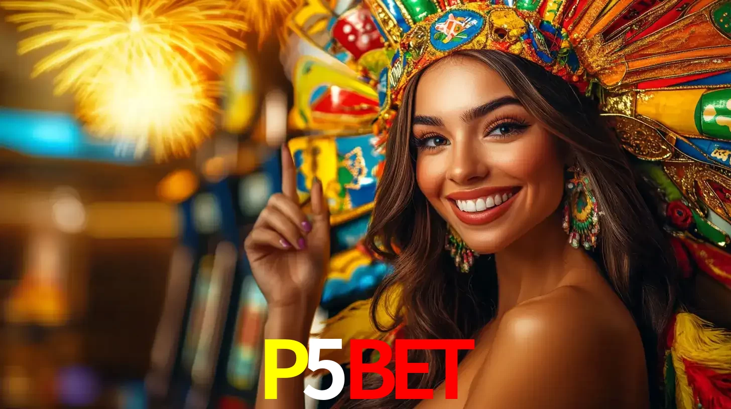 Mulher sorridente com um cocar de carnaval vibrante e colorido, celebrando uma grande vitória nos jogos do cassino P5BET com fogos de artifício ao fundo.