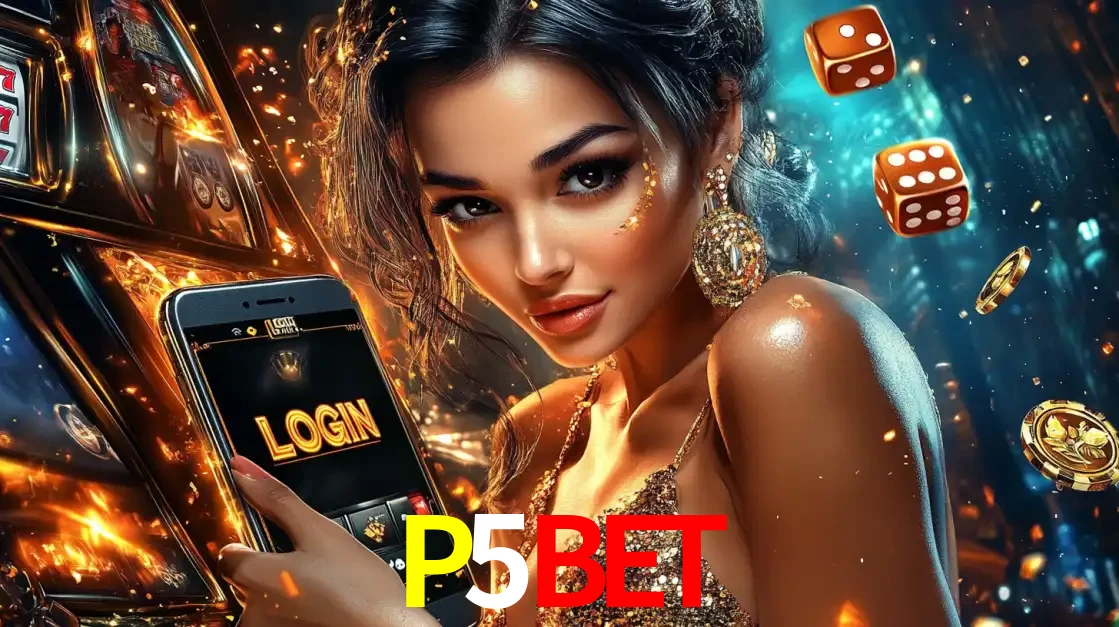 Mulher glamourosa segurando um celular com a tela de login do cassino P5BET, rodeada por dados e moedas douradas, pronta para começar a diversão.
