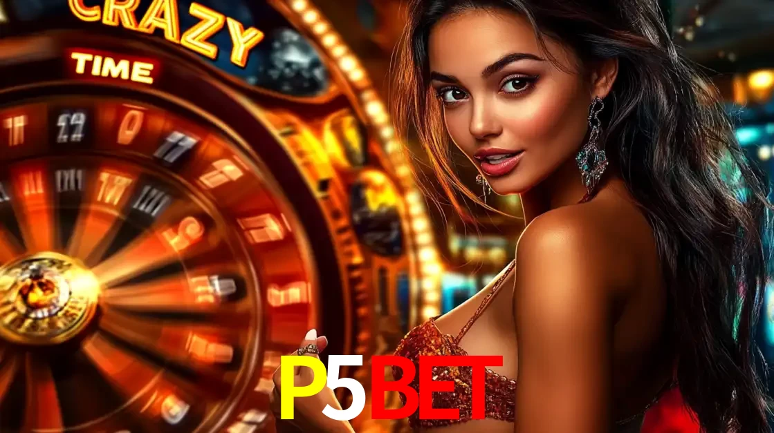 Mulher ao lado da roda de prêmios do jogo de cassino ao vivo Crazy Time, um dos shows de jogos mais emocionantes oferecidos pela plataforma de apostas P5BET.