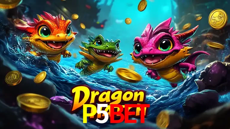 Arte promocional do jogo Dragon Hatch com três adoráveis dragões bebês nadando entre moedas de ouro, um dos slots mais divertidos para jogar no cassino P5BET.