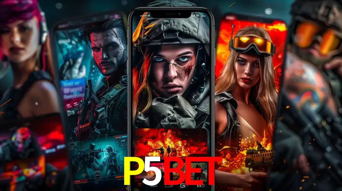 Montagem de telas de celular mostrando diversos personagens, masculinos e femininos, de um jogo de tiro, ilustrando a diversidade de equipes de e-sports para apostar no P5BET.