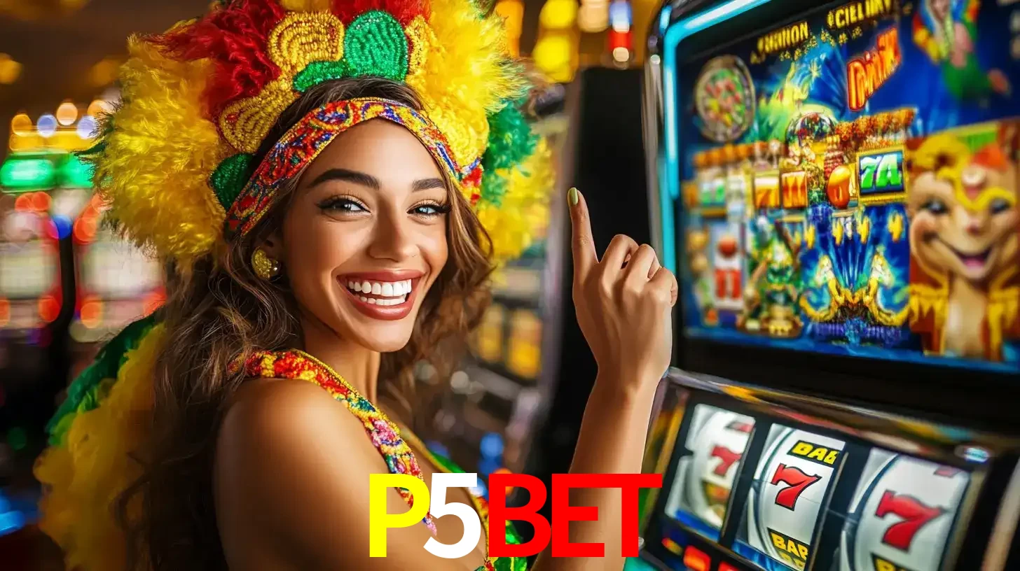 Mulher animada com um cocar de carnaval apontando para uma máquina de caça-níqueis, mostrando a emoção de ganhar um grande prêmio nos jogos do P5BET.