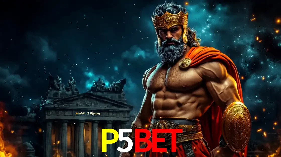 O poderoso Zeus do jogo de slot Gates of Olympus em frente ao seu templo, pronto para lançar multiplicadores divinos e prêmios épicos no cassino online P5BET.