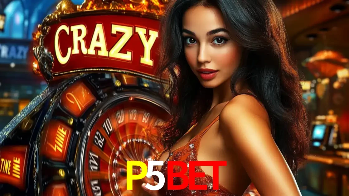 Mulher glamourosa olhando para a câmera com a roda vermelha do Crazy Time ao fundo em um ambiente de cassino, destacando a emoção dos jogos ao vivo no P5BET.
