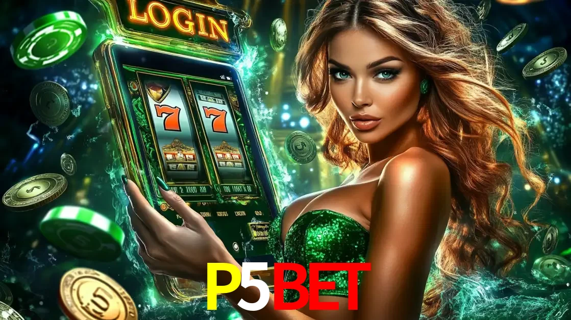Mulher com tema verde apresentando o aplicativo do cassino P5BET com um jogo de slot de 777, cercada por fichas de cassino e uma aura de sorte.