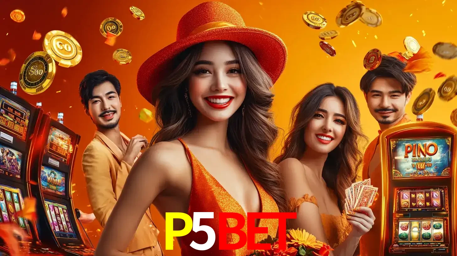 Grupo de amigos asiáticos sorrindo e se divertindo com máquinas de caça-níqueis em um ambiente festivo, celebrando suas vitórias nos jogos de cassino do P5BET.