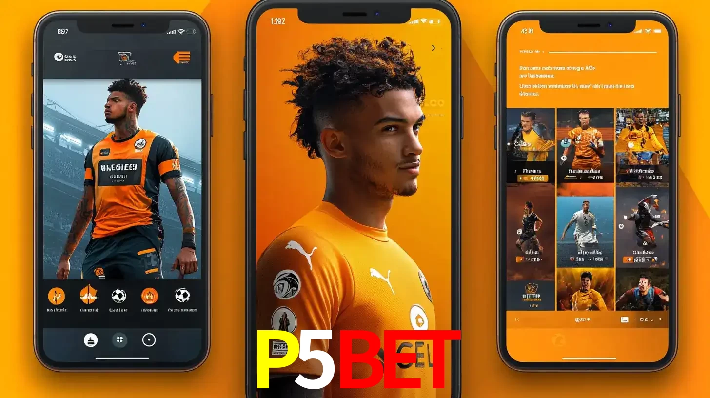 Interface do aplicativo de apostas esportivas P5BET em três telas de celular, mostrando o perfil de um jogador de futebol e a lista de jogos disponíveis para apostar.