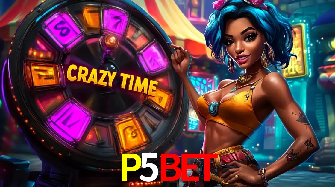 Mulher estilizada com cabelo azul e visual vibrante posando ao lado da roda de prêmios do game show Crazy Time, convidando para a diversão e os bônus do cassino P5BET.