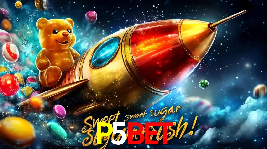 Arte promocional do jogo de slot Sugar Rush, com um urso de pelúcia em um foguete viajando pelo espaço de doces, um dos jogos divertidos disponíveis no cassino P5BET.