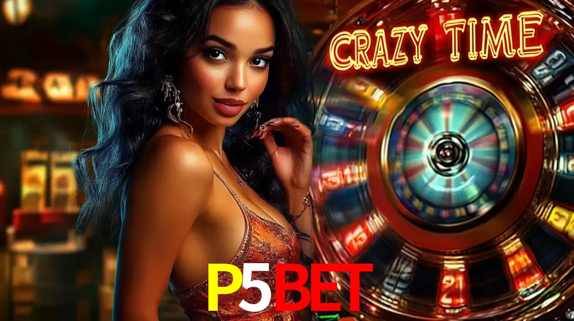 Mulher elegante ao lado da vibrante roda da fortuna do jogo de cassino ao vivo Crazy Time, um dos game shows mais populares e cheios de prêmios do P5BET.