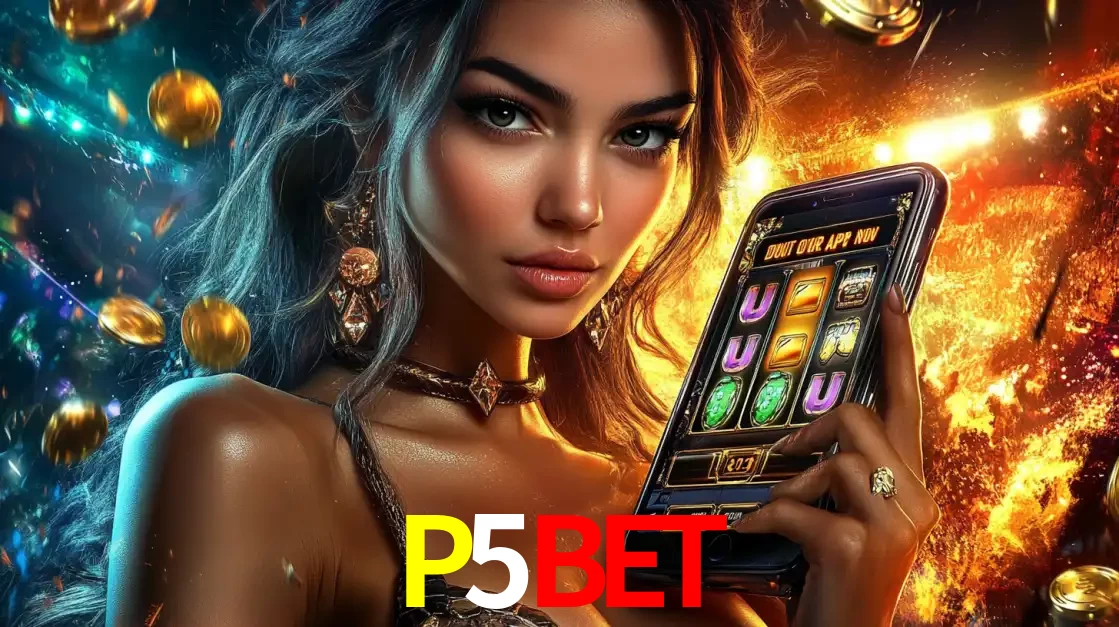 Mulher elegante mostrando um jogo de caça-níqueis em seu smartphone, destacando a experiência de cassino móvel oferecida pelo aplicativo P5BET.