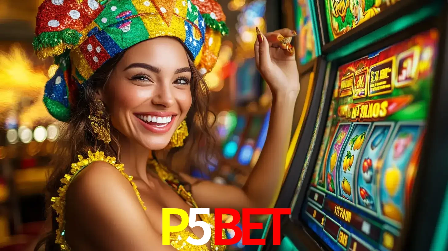 Mulher feliz com traje de carnaval amarelo e colorido ao lado de uma máquina de caça-níqueis, aproveitando a diversão e os jogos temáticos do cassino P5BET.