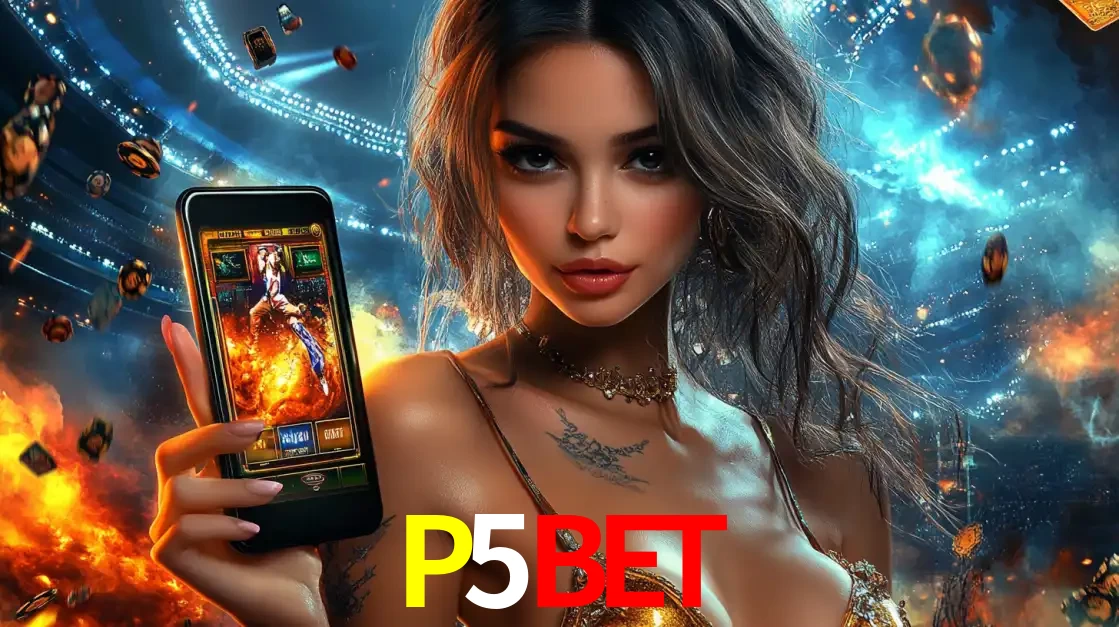 Mulher segurando um celular com um jogo de slot em destaque, tendo como fundo um estádio vibrante, simbolizando a emoção de jogar no cassino móvel P5BET.